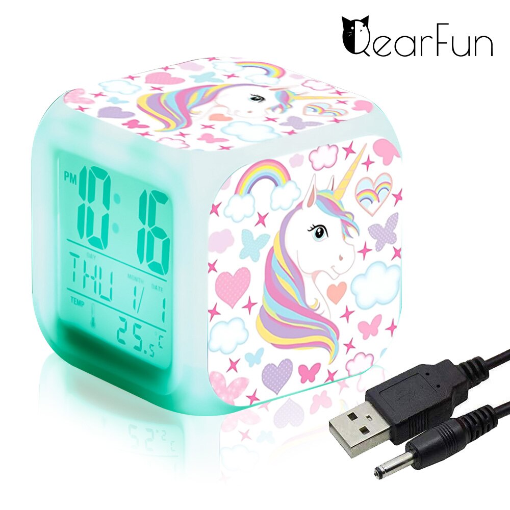 Unicorn Kids Alarm Clock 7 Colors LED Night light Wake Up Clock with Thermometer Snooze будильник Home Desk Decor Christmas: 7-no batteries