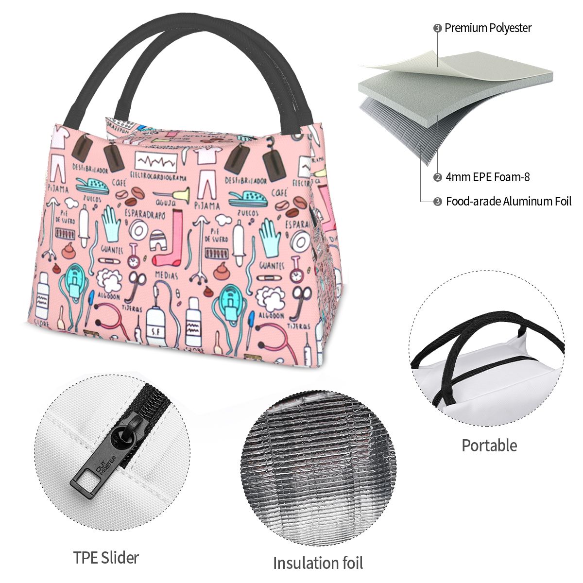 Leuke Roze Verse Koeltassen Verpleegkundige Print Waterdichte Oxford Doek Draagbare Rits Thermische Lunch Tassen Voor Vrouwen Lunch Voedsel Zakken