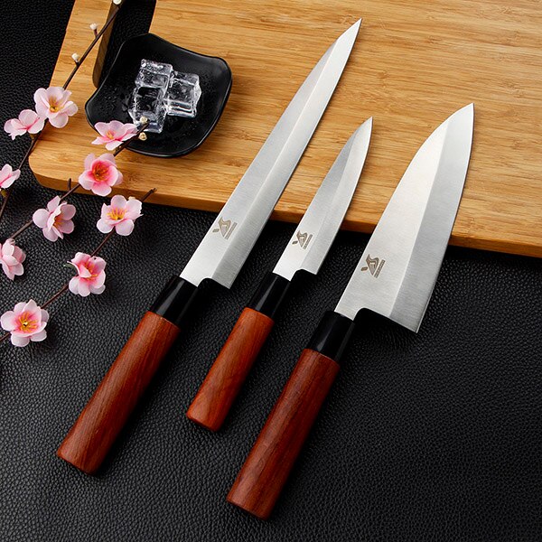 Bigsunny sashimi sushi deba -veitsi, saksalainen ruostumattomasta teräksestä valmistettu ammattimainen viipalointiveitsi , 9 "yanagiba  / 7 " deba  / 5 "apuohjelma, ruusupuukahva