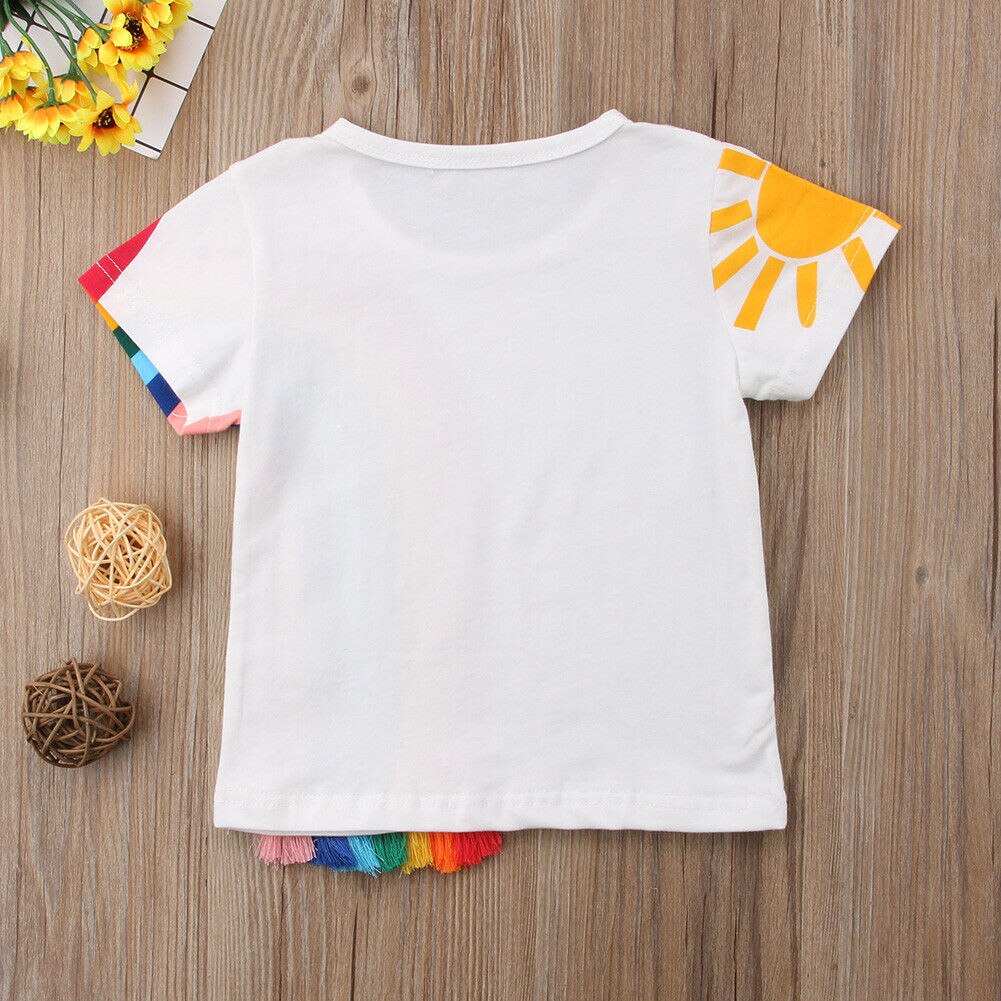 2019 crianças roupas de verão infantil crianças do bebê meninas casual arco-íris t camisa tassel retalhos algodão camisetas coloridas 1-6t