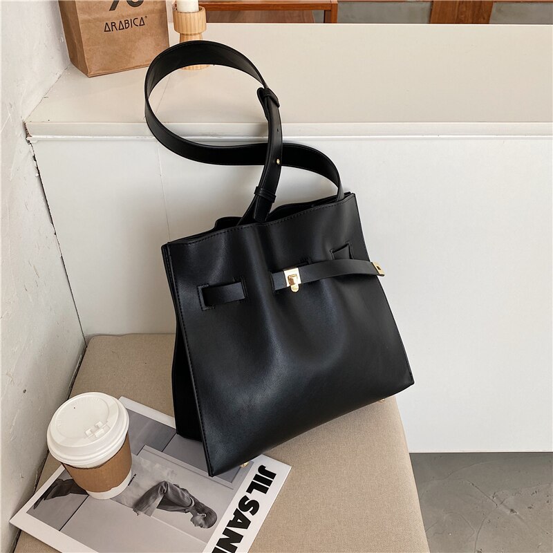 Vintage grand sac seau en cuir PU femmes sac à main haute capacité sac à bandoulière: Black