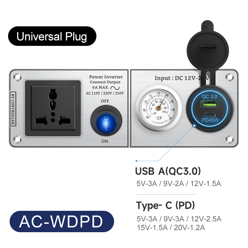 Autoladegerät Multifunktions-Aluminium-Panel-Thermometer AC110V 220V Dual Port USB QC3.0 12V 24V für Wohnmobil-Yacht-Reiseanhänger: WHITE