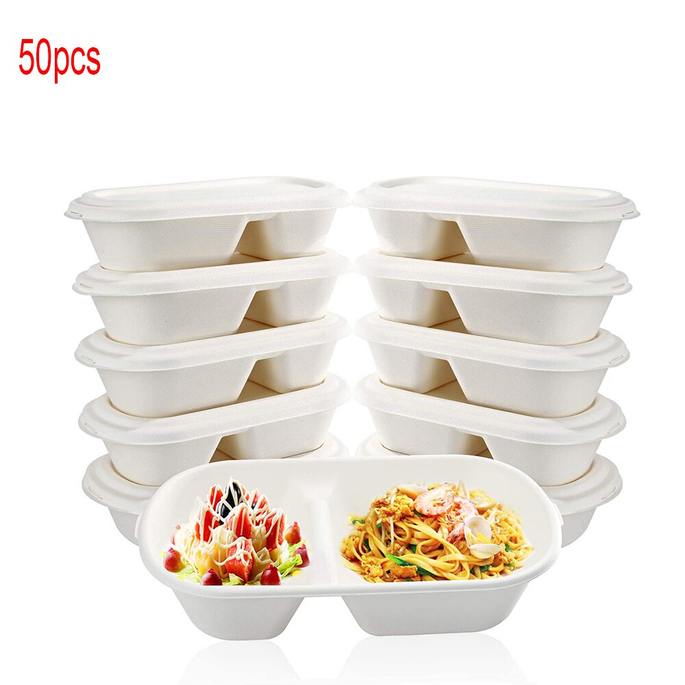 50Pcs Disposable Bento Boxes Sugar Cane Fiber Compostable 2 Compartments Microwave Lunch Boxes Portable Food Storage Containers: Default Title