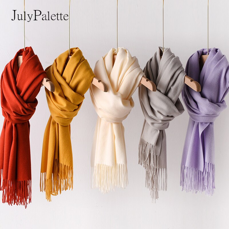 JulyPalette Solid Color Cashmere Scarf For Women Autumn Tassel Lady Long Shawls Pashmina Scarf Winter Warm Thicken Wool Scarves