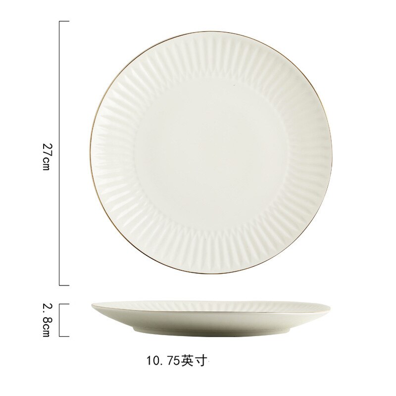 Assiette à dîner bol à soupe service de vaisselle bord blanc tournant Relief doré couverts en porcelaine de Steak: 27CM WHITE
