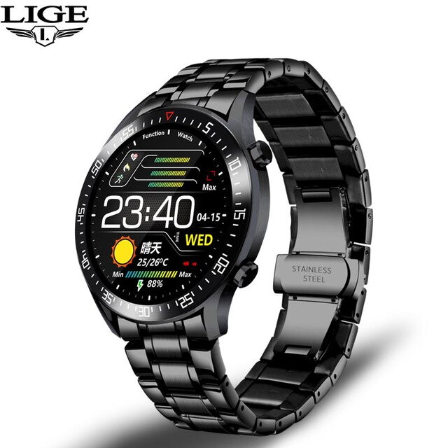 Lige tela de toque completa relógio inteligente masculino smartwatch para android ios freqüência cardíaca monitor pressão arterial à prova dwaterproof água relógios fitness: full black