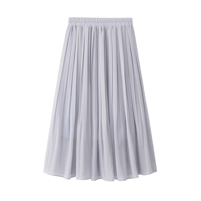 Spring and Summer Skirt College Wind High Waist Chiffon Pleated Skirt Elastic Waist Pleated Midi Long Skirt: Gray