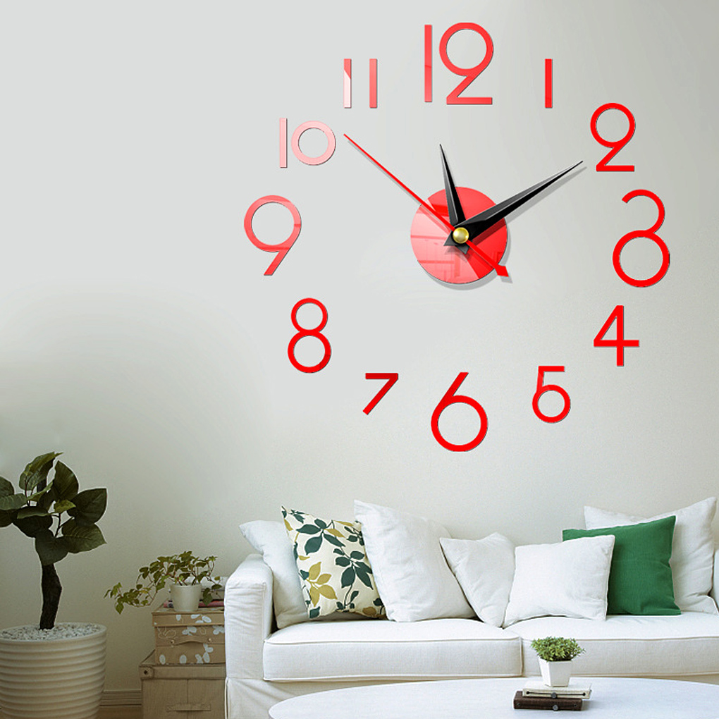 Wall Clock Sticker 3D DIY Hanging Clock Decal Self Adhesive Decoration Wallclock Sticker, Red