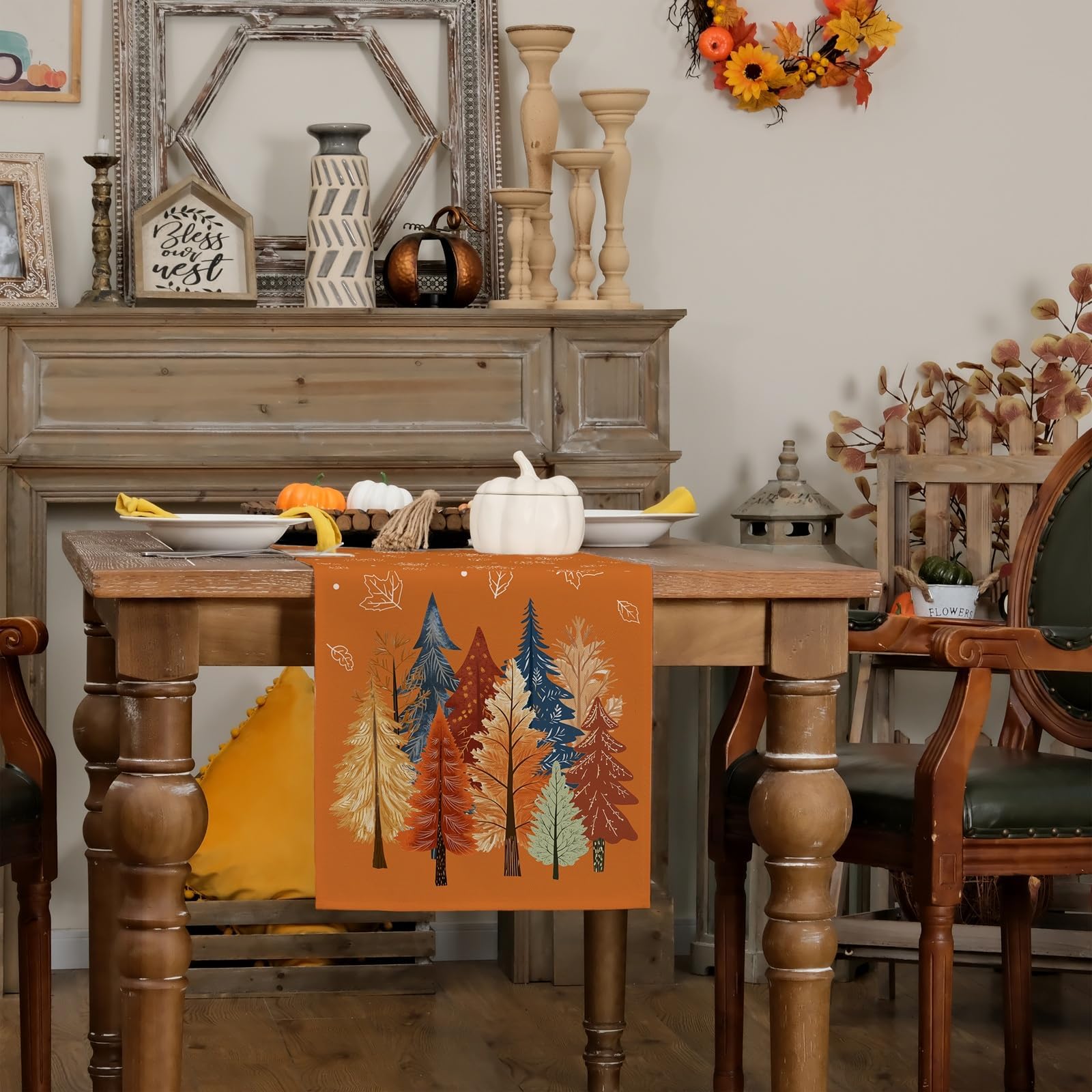 Höst akvarell träd och lönnlöv bordslöpare, rustik bondgård höst thanksgiving dekor för kök matsal fest orange