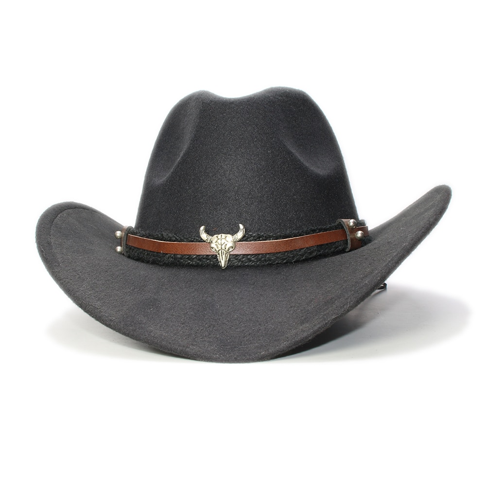 Large Plus 61cm Retro Women Men Wool Wide Brim Cowboy Western Cowgirl Hat Funeral Formal Fedora Cap Bull Head Oxhead Braid Band