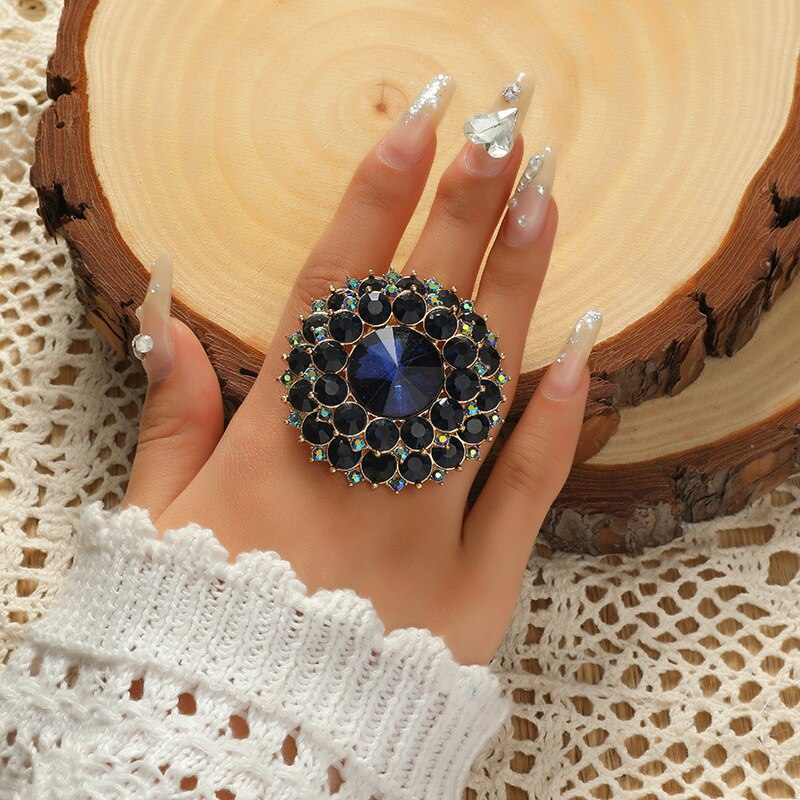 Unieke Boho Black Crystal Stone Ring Grote Ronde Ringen Voor Vrouwen Vintage Anillos Vrouwelijke Bruiloft Sieraden: Blue