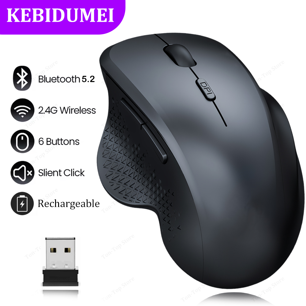 Ratón inalámbrico Bluetooth 5,2 de modo Dual, 2,4G, 6 teclas, ratón óptico recargable para juegos, ratón óptico de 1600DPI para PC, portátil y tableta