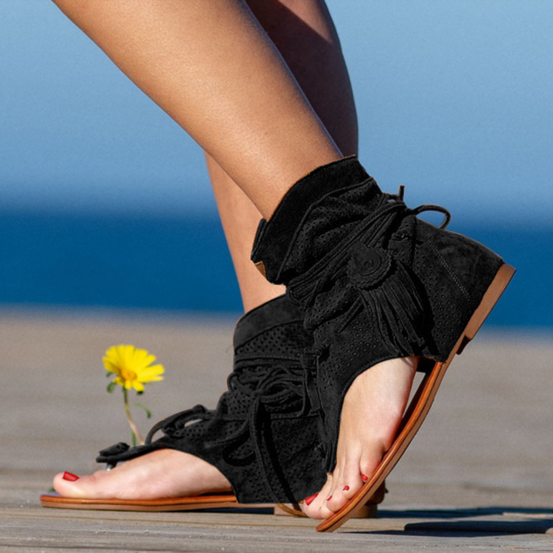 Sandalias Retro con flecos y flores para mujer, zapatos informales de playa, chanclas de verano,