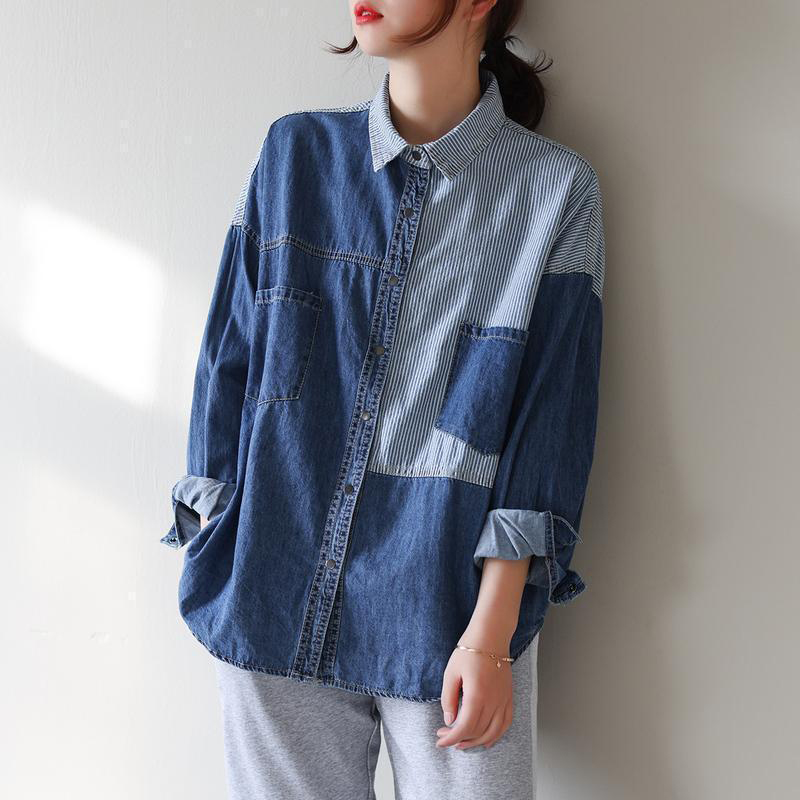 Camisa vaquera de retazos a rayas para mujer, blusa holgada de manga larga con botones que combina con todo, cárdigan informal para primavera y otoño: XL / Azul