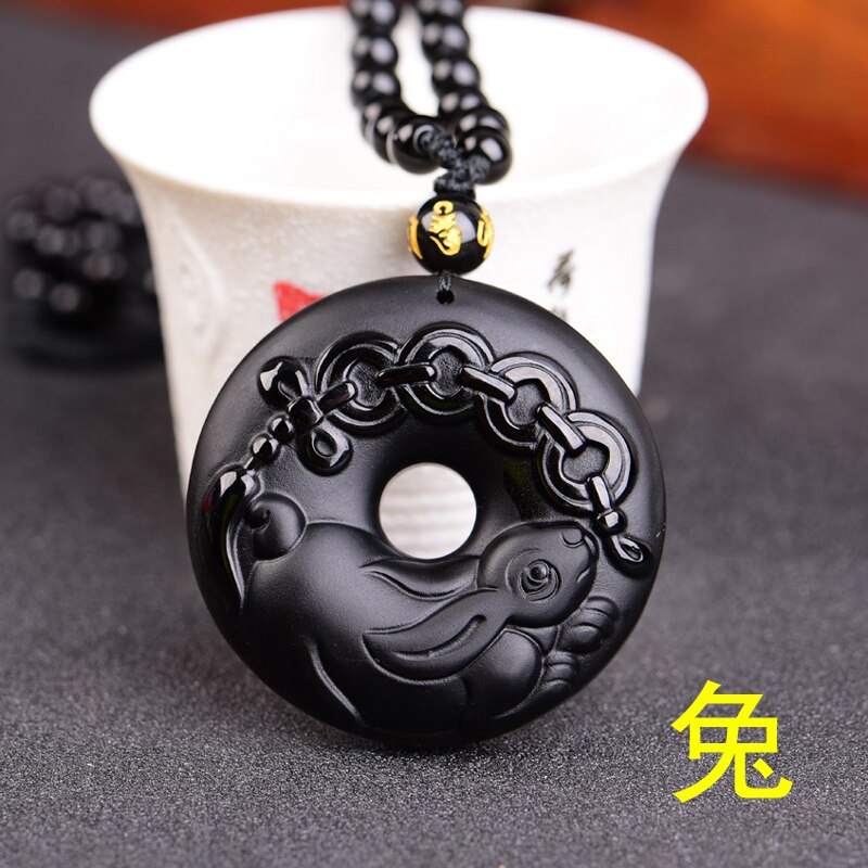 Chinese Zodiac Obsidian Dragon Tiger Pendant Necklace Charm Jewellery Accessories Hand-Carved Man Lucky Amulet