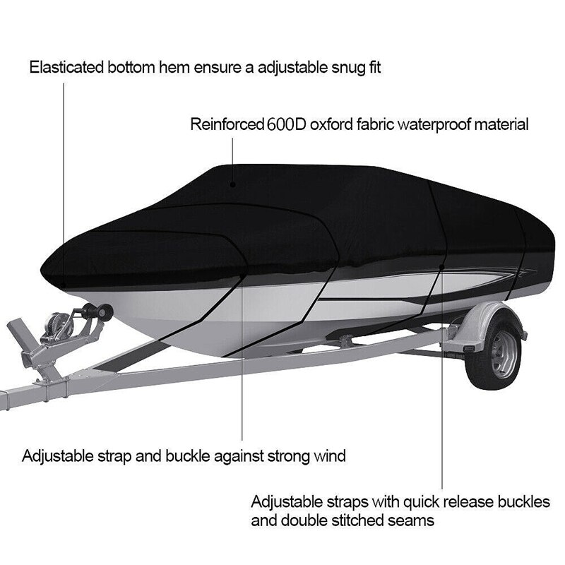 Trailerbart båddæksel ,210d kraftig vandtæt uv-resistent polyester af marine kvalitet passer til v-skrog, tri-skrog (14-16ft)