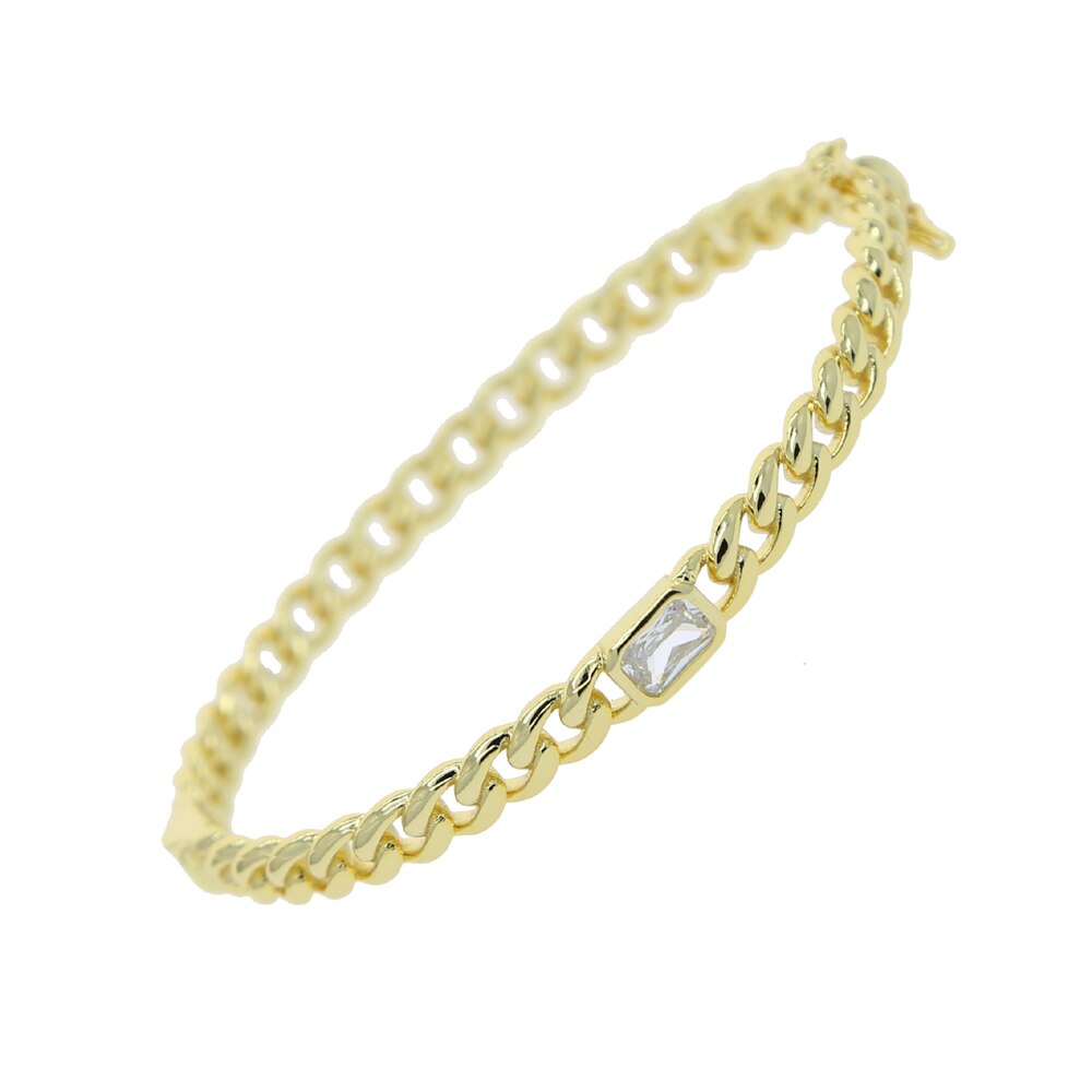Gold-colored cuban link chain band bangle bracelet with colorful rectangles, czech-style european women's jewelry: White