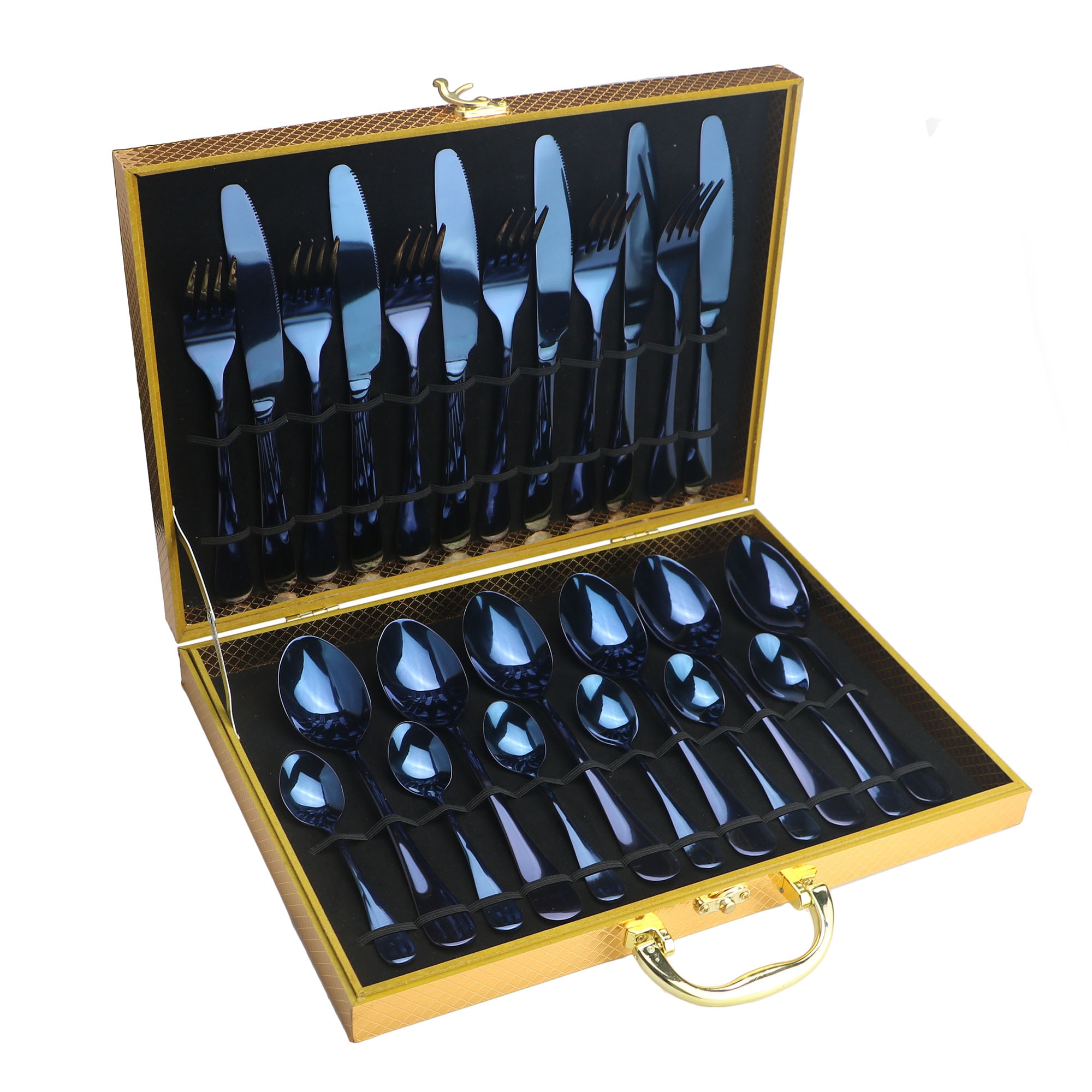 24PCS Noble Blue Stainless Steel Flatware Set Dinnerware Cutlery Set Knife Forks Coffee Spoons Box Black Golden Silverware Set