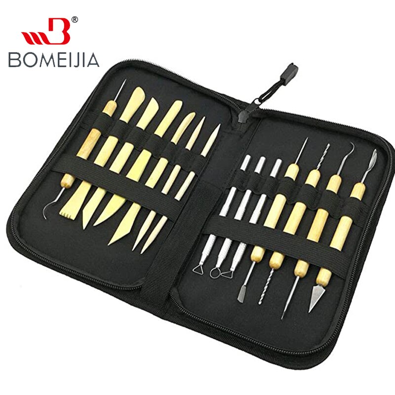 14pcs Clay Sculpture & Ceramics Tool Set With Canvas Zippered Case Wooded Steel Pottery Tool All-in-one Beginner's Starter Kit