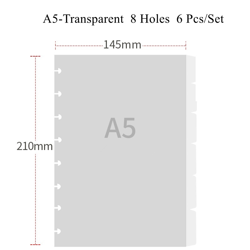 Separadores de índice coloridos de agujeros de seta A4/A5/B6, divisores de revistas, accesorios para cuadernos: A5-Transparent