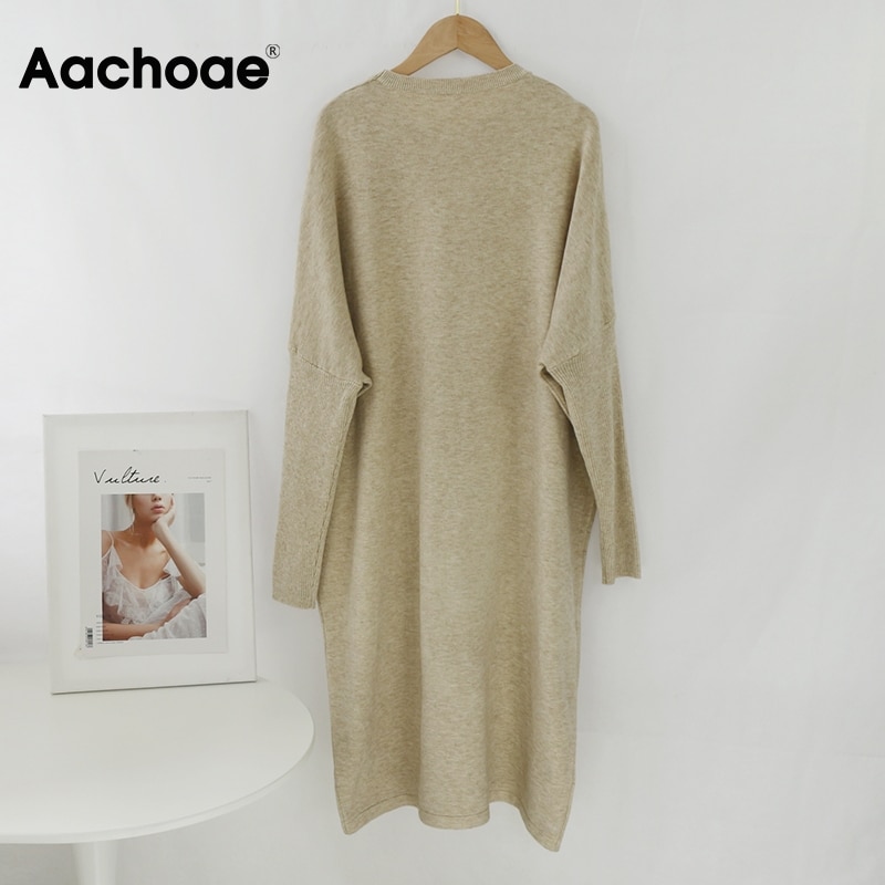 Aachoae lös o hals stickad tröja klänning kvinnor solid batwing långärmade mjuka klänningar hemstil casual midiklänning vestidos