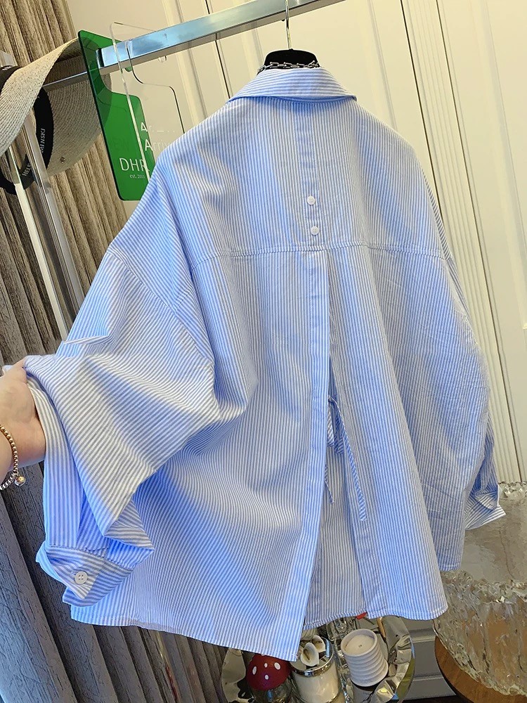 Camisa De algodón a rayas para Mujer, Blusa De manga larga con cordones, talla grande, a la , otoño, 2024