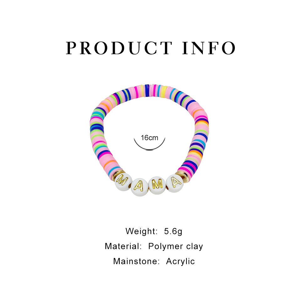 Peri&#39;sbox Cute Handmade Rainbow Polymer Clay Disc Bead Bracelet With Acrylic MAMA Letter For Mother&#39;s Day Jewelry