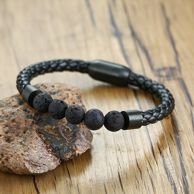 HIPSTER MAN JEWELRY BRAID LEATHER BRACELET AND VOLCANO LAVA STONE BEADS WRISTBAND