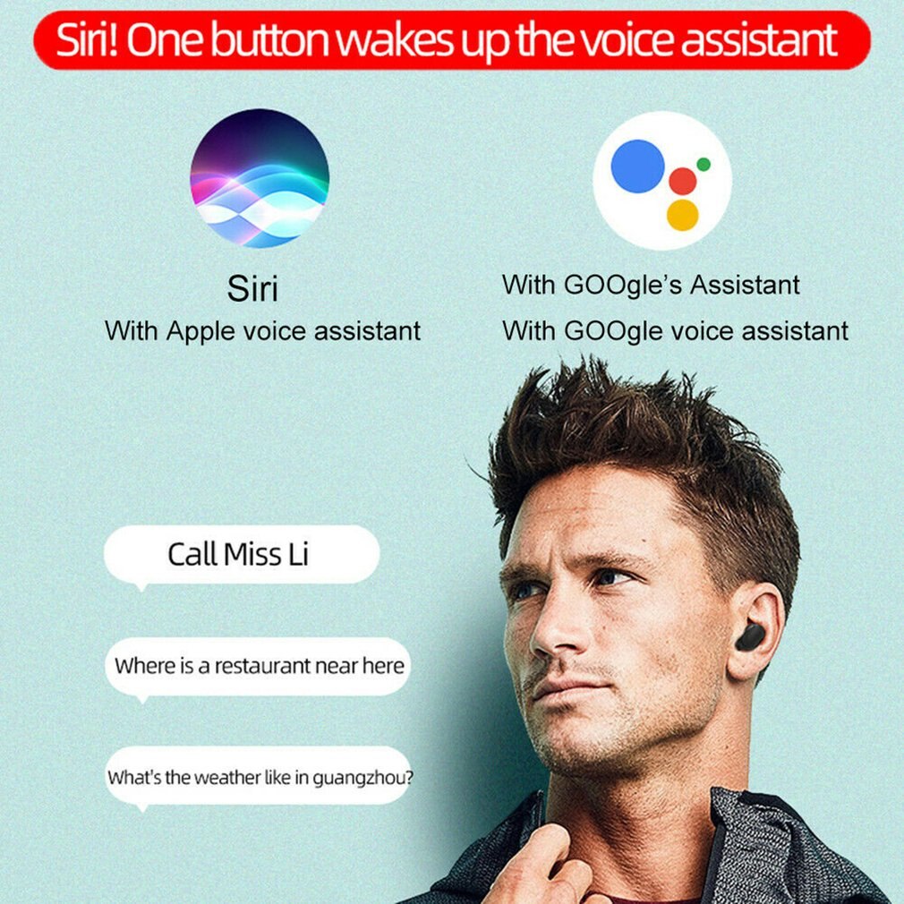 Wireless 5.0 Earphone Stereo With Mic Voice Control Waterproof Double-Eared Split Earset