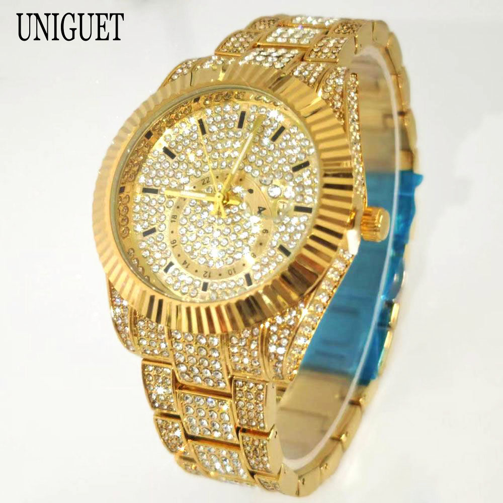 Luksus guldure herremærke unikuet hiphop fuld diamant bling smykkeur herre vandtæt kvarts armbåndsur reloj