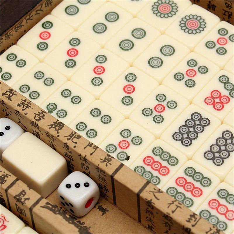 144 PCS Reizen Mahjong Draagbare mahjongklassieker Met Archaistic Lederen Doos En Handleiding In Engels (Willekeurig Patroon Van doos Levering)