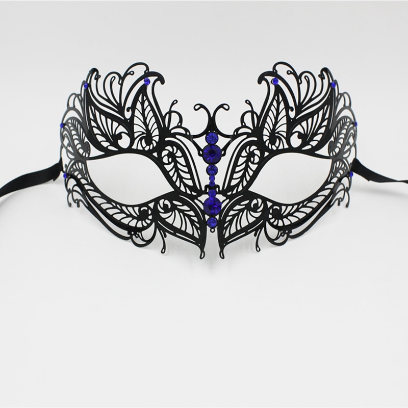 Masque de mascarade noire vénitienne pour femmes, , en métal léger, à strass rouges, bleus ou roses, pour Costume de fête, bal de mariage