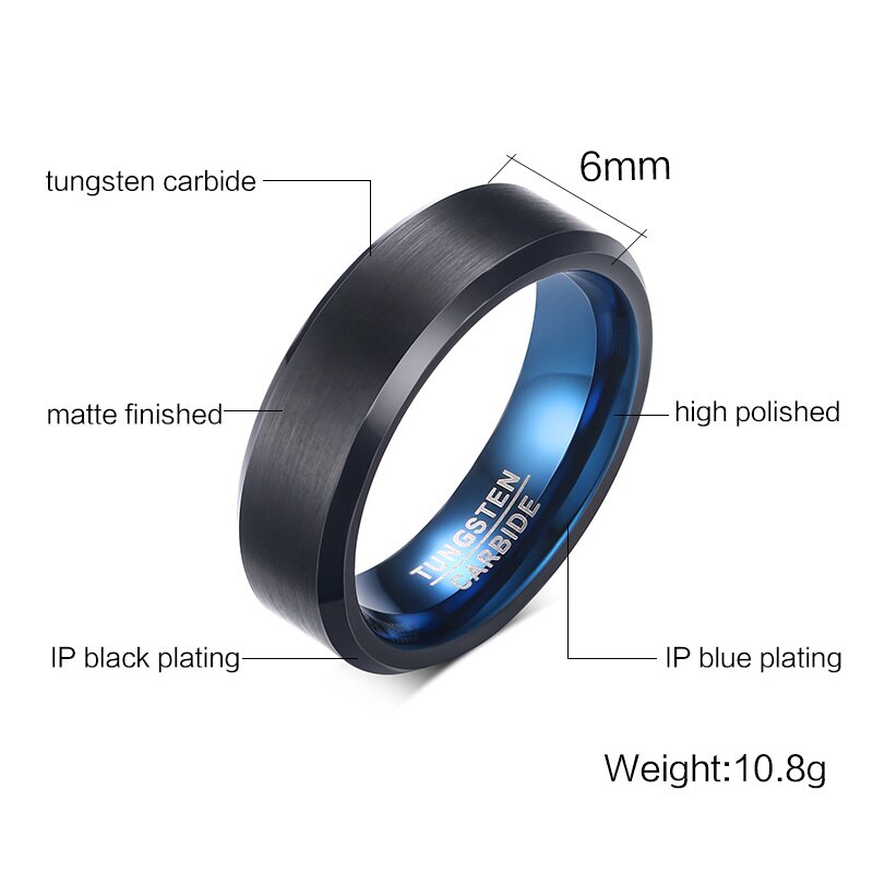 Vnox 6 Mm Blue Real Wolfraamcarbide Ringen Voor Mannen Sieraden Zwart Bruiloft Sieraden