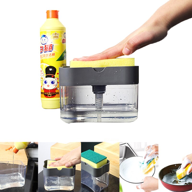 Zeepdispenser, zeeppomp, sponshouder, keuken, 2- in -1 handmatige pers, vloeibare zeepdispenser met sponshouder, reiniging