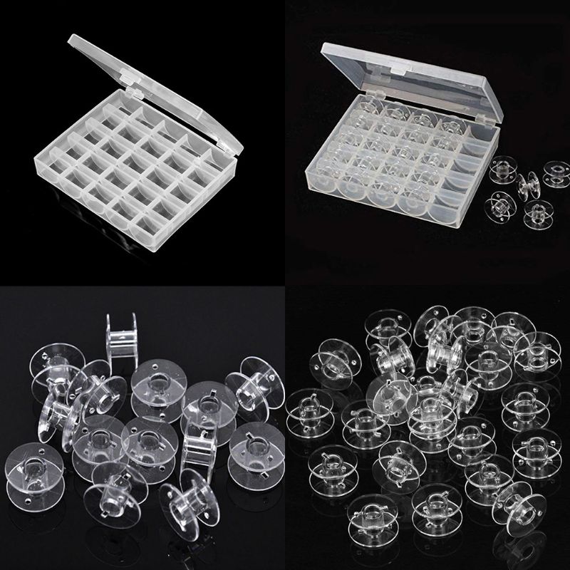 25Pcs Plastic Coil Empty Bobbins Sewing Machine Spools Home Tools Accessories with Clear Transparent Storage Case Organizer Box