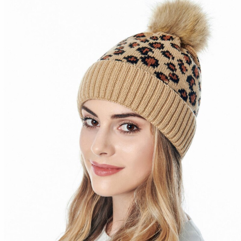 Herfst winter luipaard print wol gebreide muts warme oversized haarbal dikke warme muts pompon