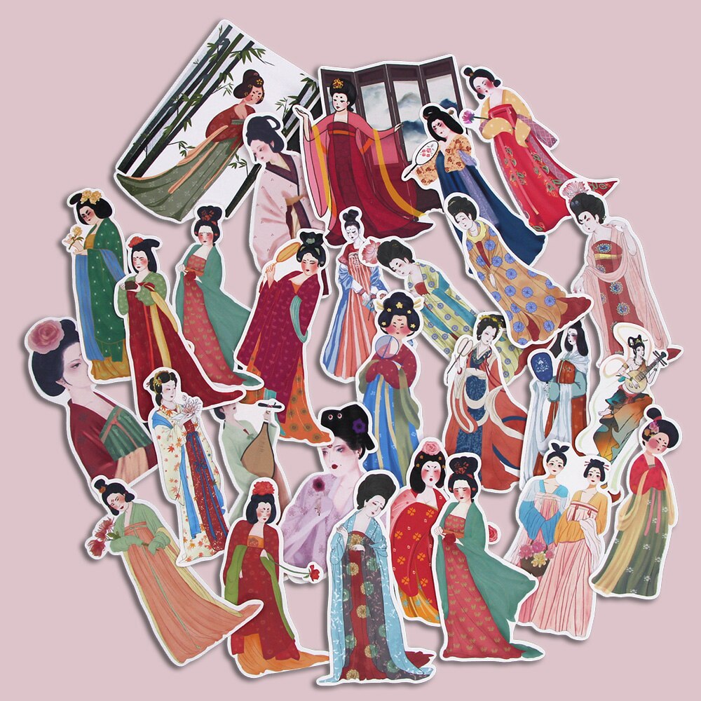28Pcs/pack Tang Dynasty Ladies Stickers Ancient Chinese Style Sticker For Diary Notebook Scrapbooking Stationery Supplies