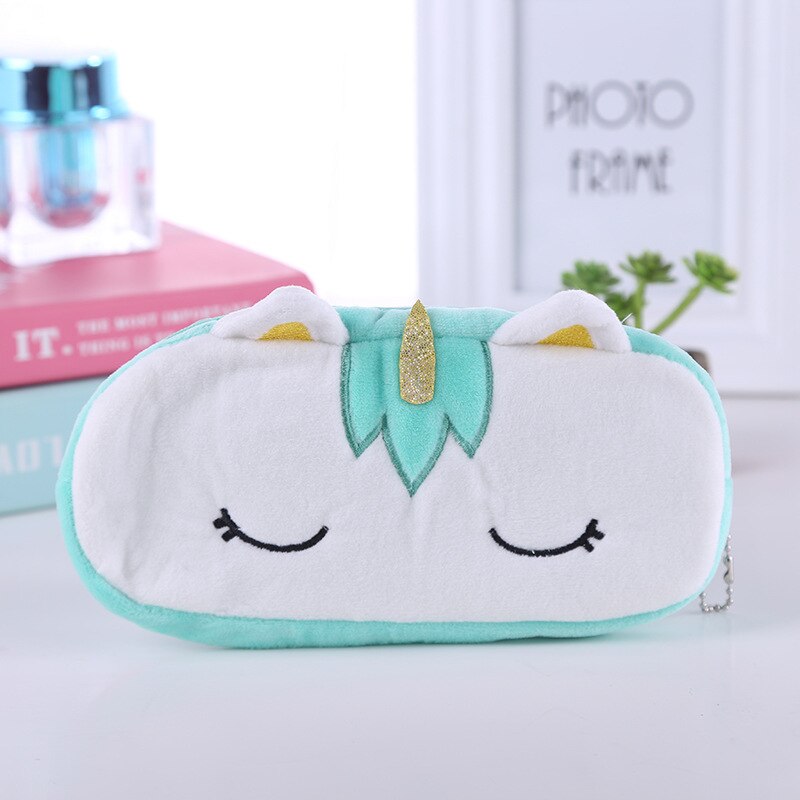 FUDEAM Soft Plush Cartoon Women Long Coin Purse Cute Zipper Girl School Stationery Pencil Case Usb Cable Storage Bag Key Wallet: Unicorn Green