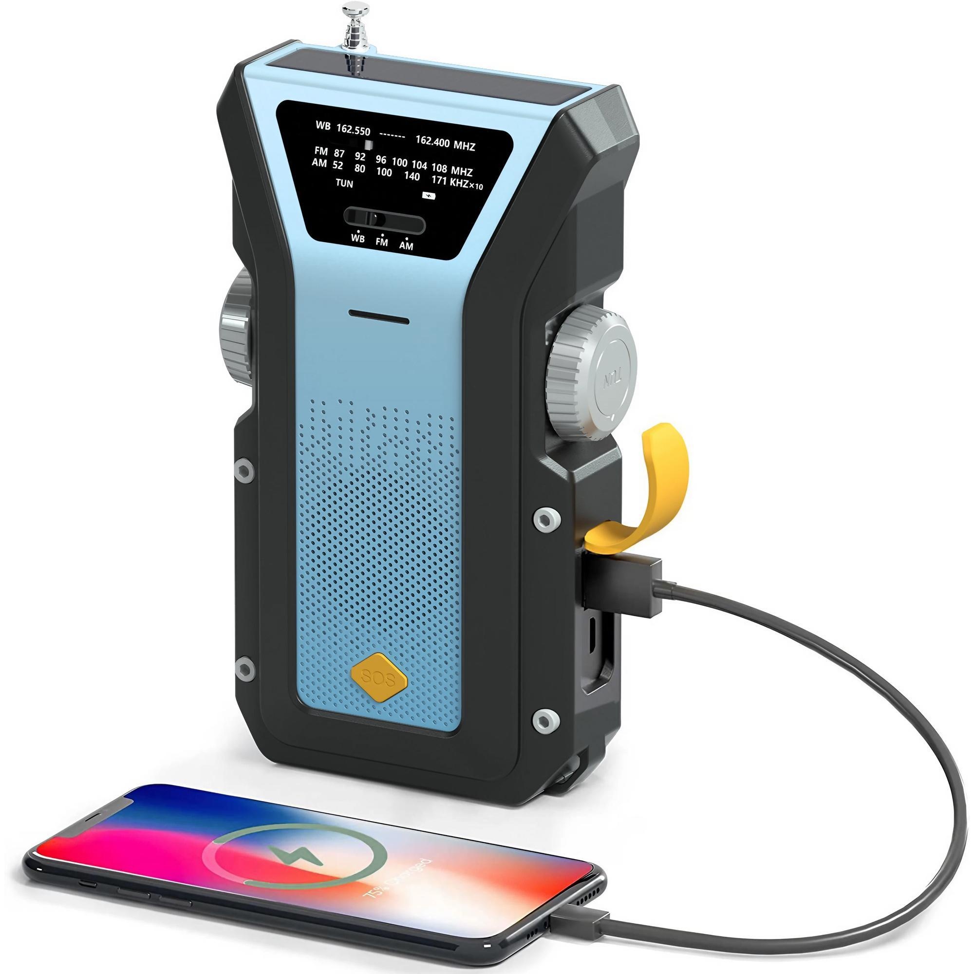 Rádio meteorológico de emergência multifuncional rádio fm am wb manivela solar carregamento usb 2000mah power bank lanterna led tocha: Azul