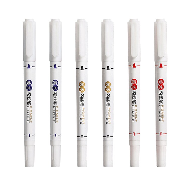 6Pcs/Set Art Marker Waterproof Permanent Dual Tip 0.5/1.0 mm Nib Black Blue Red Art Marker Pens Student School Office Stationery: 6 Pcs Mix Color Set