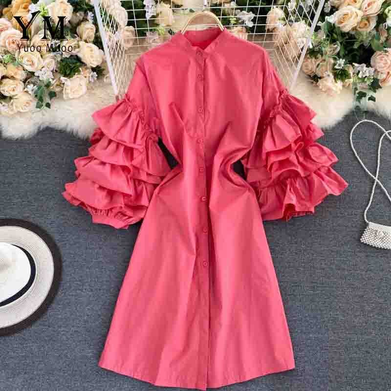YuooMuoo-vestido verde con volantes de manga larga para otoño, Vestido camisero con una hilera de botones para mujer: Rosa