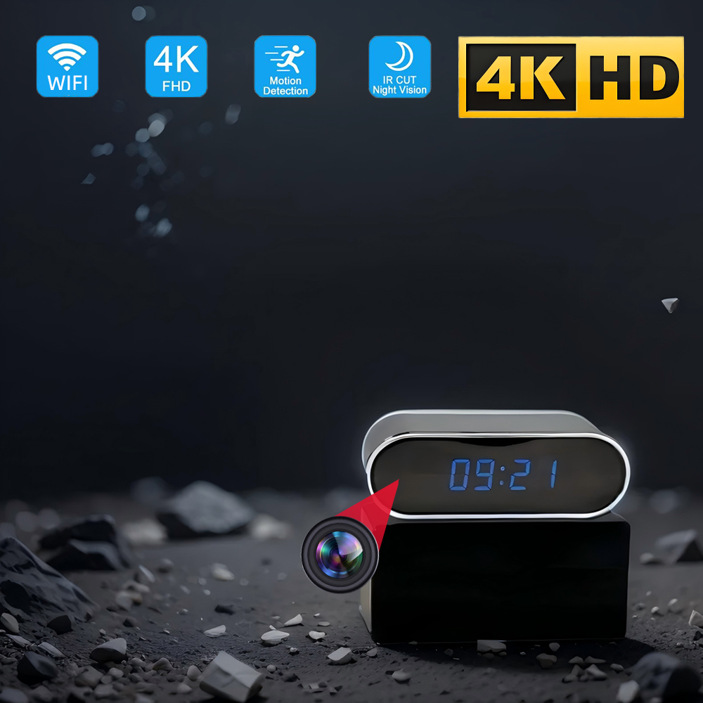 4K HD wireless clock camera supports remote viewing of WIFI connection, infrared night vision, motion detection, indoor camera