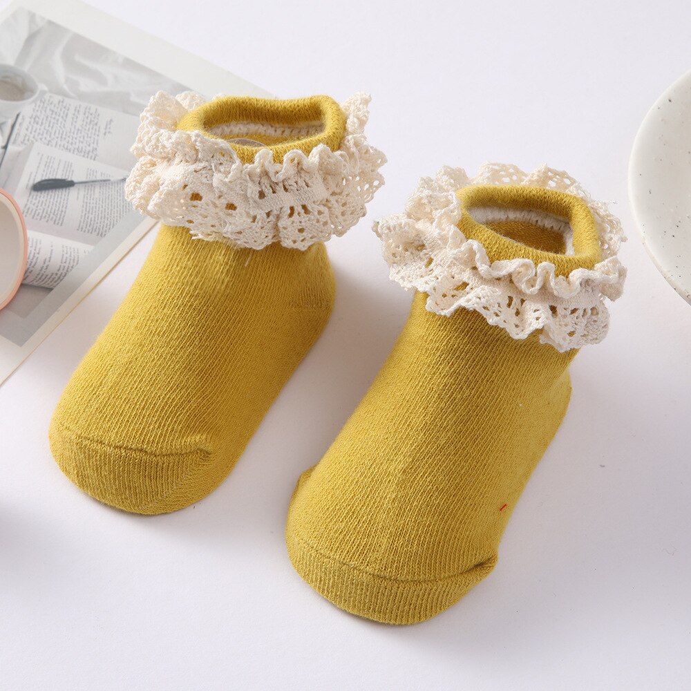 Snoep Kleur Kinderen Sokken Met Kant Meisjes Sokjes Zachte Baby Peuters Sokken Baby Kids Prinses Sok Voor Pasgeboren: Yellow