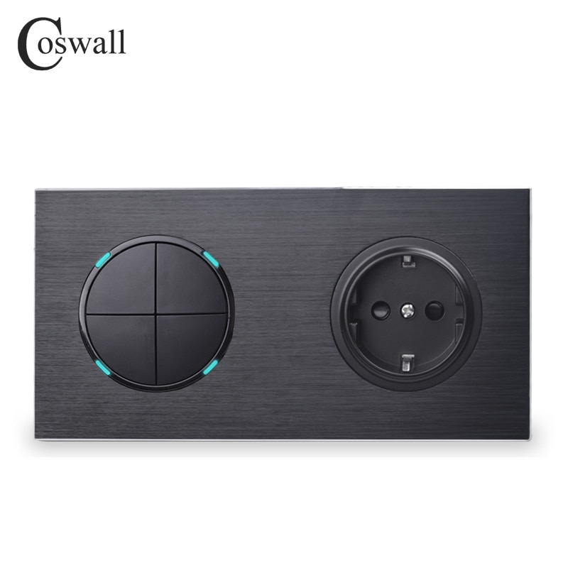 Coswall Black Aluminum Metal Panel 16A EU Standard Wall Power Socket + 4 Gang 1 Way On / Off Light Switch LED Indicator
