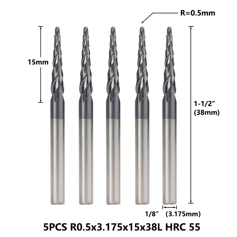 Xcan konisk kuglenæse endefræser 1/8 '' (3.175mm)  skaft supercoated hårdmetal fræser 5 stk sæt træ metal graveringsbit: R0.5 hrc 55
