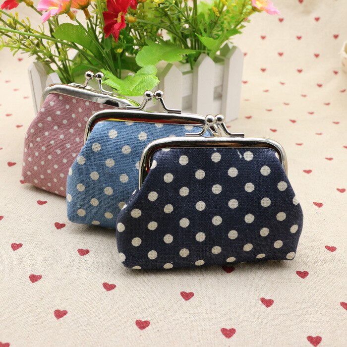 Women Dot Small Coin Purse Clasp Coin Bag Two Metal Button Pocket Coin Pouch Key Credit Card Holder Canvas Fabric