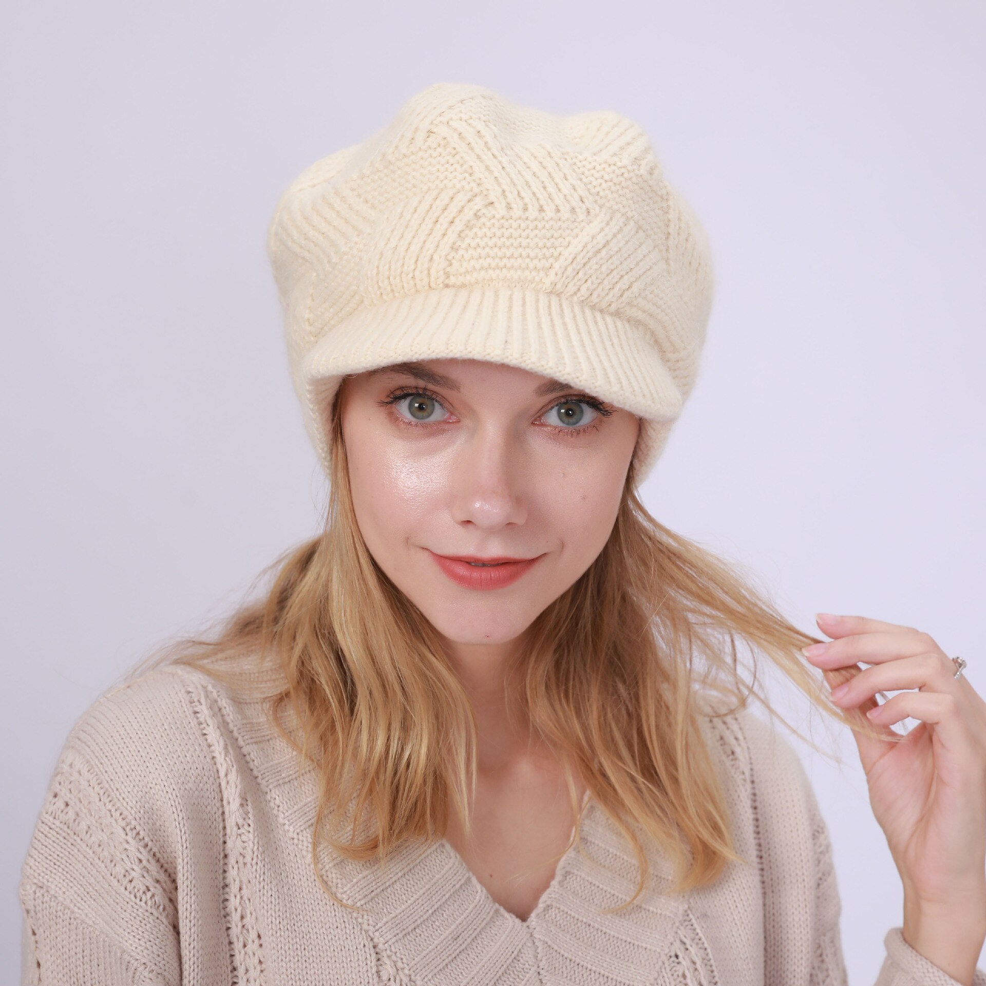 Women Winter Warmer Solid Color Crochet Hat Cap Peaked Visor Brim Slouchy Beret Knitted Hats: 6