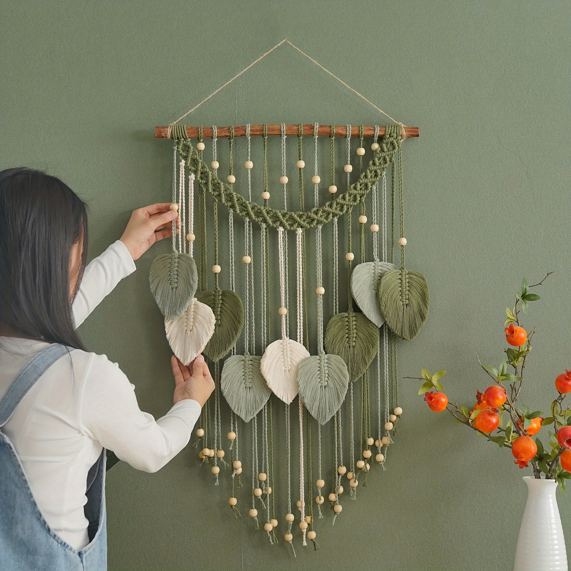 Tapiz colgante de pared de hoja de macramé, decoración bohemia de arte grande de macramé, decoración de habitación, para el hogar, cinta verde de macramé de jungla bohemia, 1 ud.