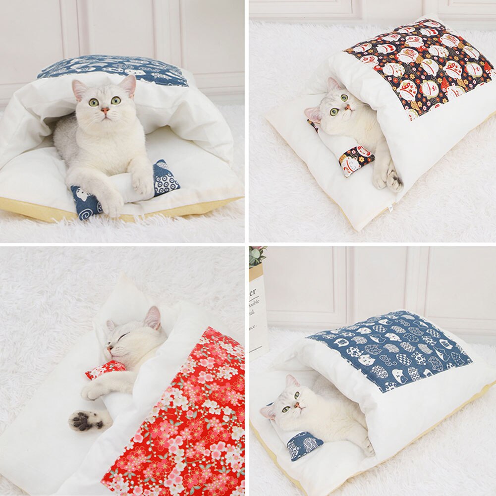 Japanischen Katze Bett Winter Abnehmbare Warme Katze Schlafsack Tiefen Schlaf Haustier Hund Bett Haus Katzen Nest Kissen mit Kissen