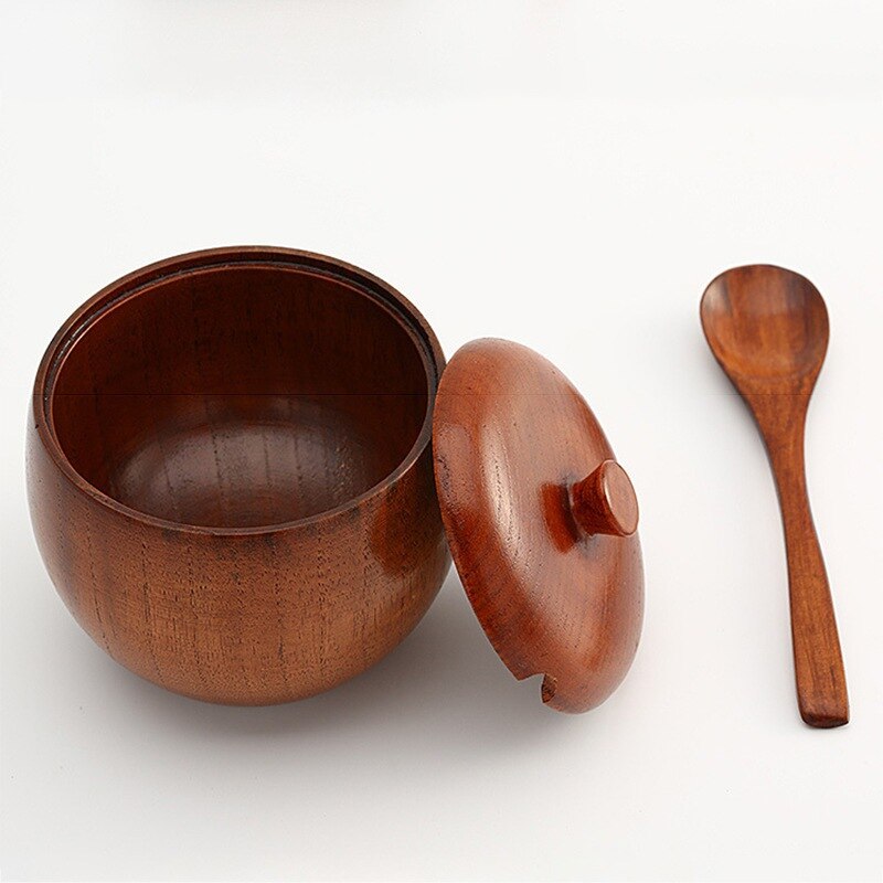 Tarros de madera Natural para condimentos, cuchara, Bol de azúcar y sal de estilo japonés, contenedor de almacenamiento con tapa, utensilios de cocina: AB set